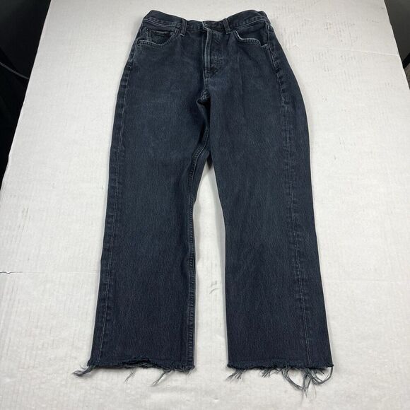 Agolde Womens Cropped Riley Jeans Blue Frayed Hem High Rise Button Up Size 25 - Picture 1 of 13